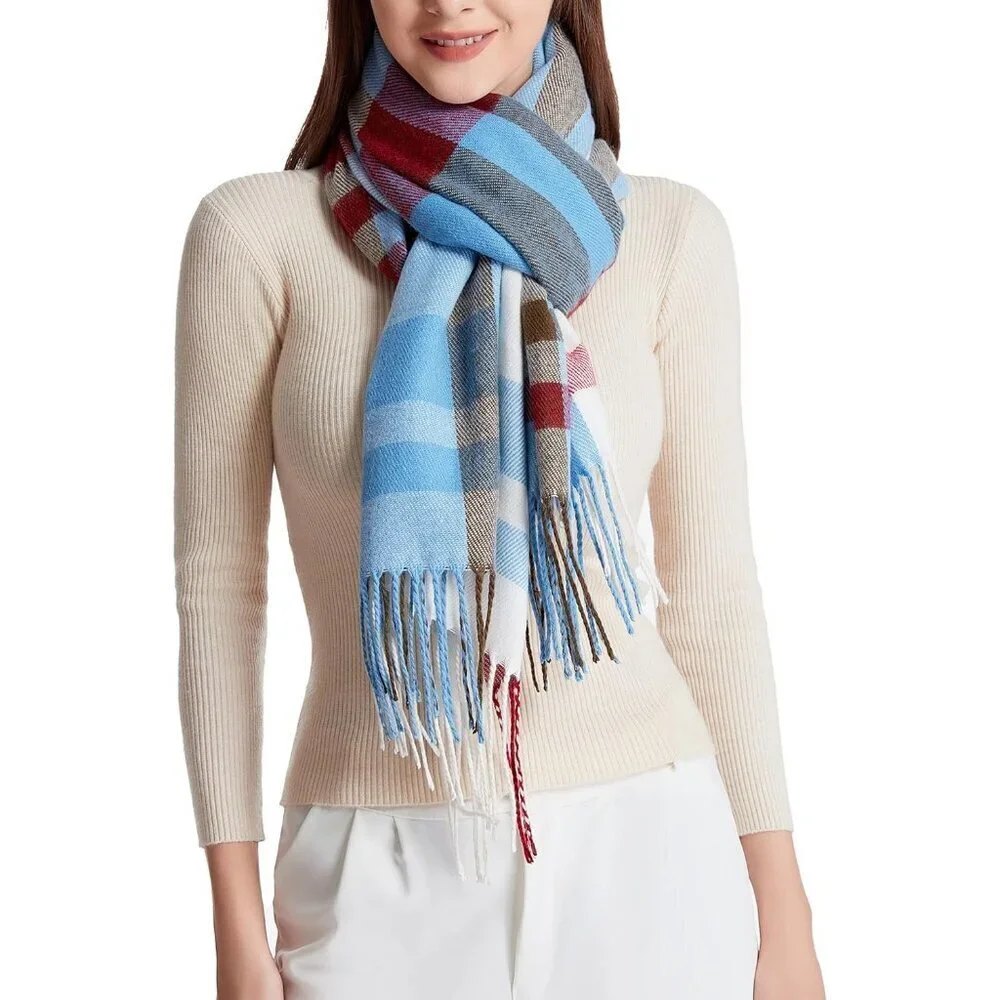 Women's Light Blue Fashion Long Shawl Big Grid Winter Warm Lattice Large Scarf